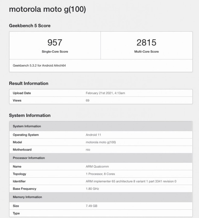 Moto g100 geekbench