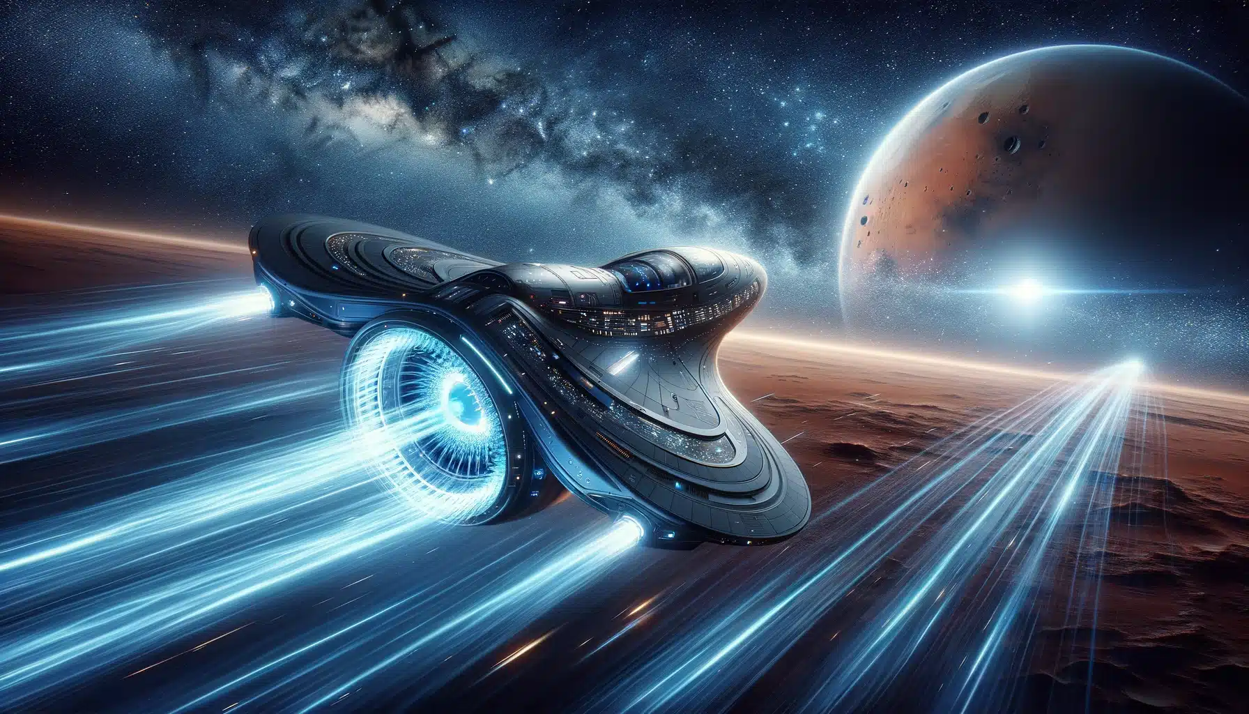 L'immagine raffigura una nave spaziale futuristica che utilizza la tecnologia vasimr in viaggio verso marte. L'immagine cattura l'essenza dell'esplorazione spaziale all'avanguardia, combinando elementi di tecnologia, velocità e l'immenso spazio cosmico.