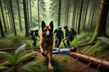 L'immagine della scena drammatica in cui il cane pastore tedesco rex guida un gruppo di escursionisti verso il suo proprietario ferito nella foresta.