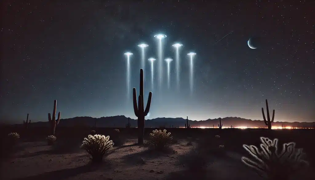 The image shows a clear night sky above the Arizona desert, with mysterious bright lights arranged in an unusual formation. The desert landscape is dotted with cacti and rocks, with the silhouette of distant mountains. The lights appear to move in an unconventional way, creating an eerie yet mesmerizing scene