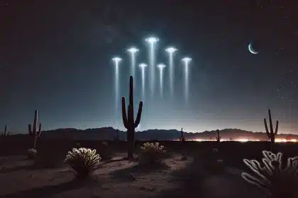 L'immagine mostra un cielo notturno limpido sopra il deserto dell'arizona, con misteriose luci brillanti disposte in una formazione insolita. Il paesaggio desertico è punteggiato di cactus e rocce, con la silhouette di montagne lontane. Le luci sembrano muoversi in modo non convenzionale, creando una scena inquietante ma affascinante