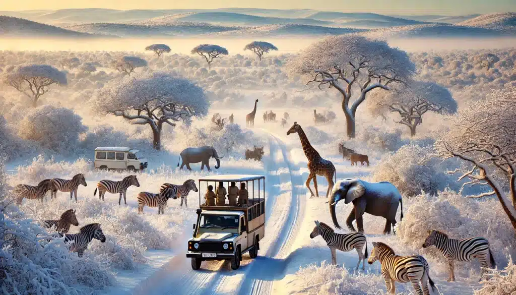 Ecco l'immagine con meno animali, rappresentando una scena invernale nel sudafrica con una giraffa, una zebra e un elefante che camminano nella neve. Turisti in veicoli da safari osservano e fotografano questo raro momento.