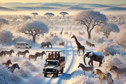 Ecco l'immagine con meno animali, rappresentando una scena invernale nel sudafrica con una giraffa, una zebra e un elefante che camminano nella neve. Turisti in veicoli da safari osservano e fotografano questo raro momento.