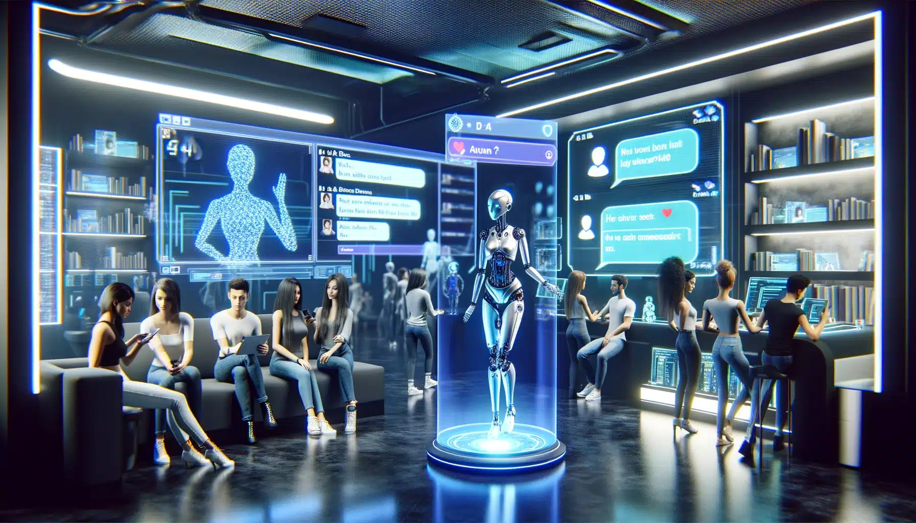 Faccia | l'immagine che rappresenta la scena futuristica dove le star di onlyfans utilizzano chatbot ai avanzati per il sexting con i loro fan. La scena mostra una stanza high-tech con schermi olografici che visualizzano messaggi di chat, creando un'atmosfera di connessione personale attraverso la tecnologia moderna