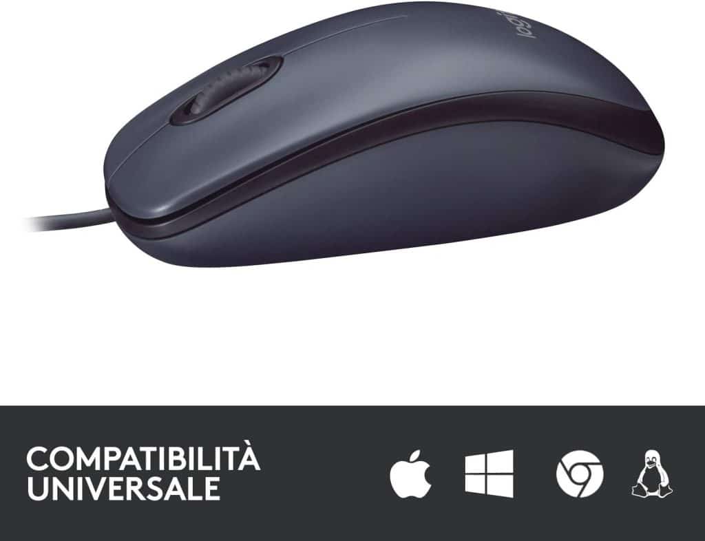 Logitech b100, mouse usb cablato con 3 pulsanti e ambidestro