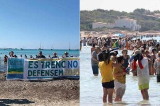 Catena umana sulla spiaggia di es trenc a maiorca contro il turismo di massa