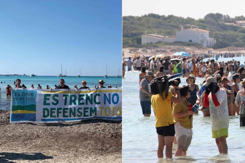 Catena umana sulla spiaggia di es trenc a maiorca contro il turismo di massa