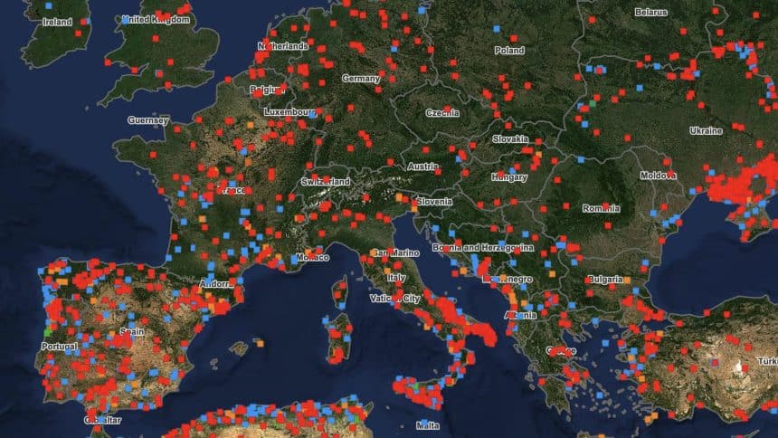 Mappa satellitare degli incendi boschivi e delle aree bruciate in europa meridionale