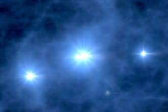 Rappresentazione delle prime stelle dell’universo formate da gas primordiale dopo il big bang