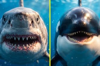 Orca e squalo bianco durante un possibile incontro nelle acque oceaniche