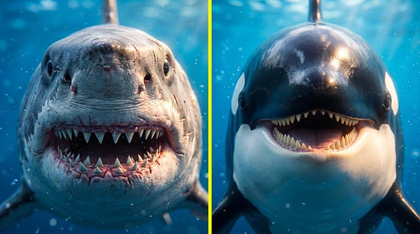 Orca e squalo bianco durante un possibile incontro nelle acque oceaniche