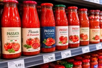 Bottiglie di passata di pomodoro con etichetta e codice lotto visibile sulla confezione