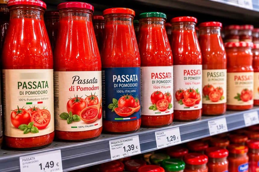Bottiglie di passata di pomodoro con etichetta e codice lotto visibile sulla confezione