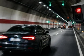 Galleria stradale del san gottardo con traffico e controlli di sicurezza