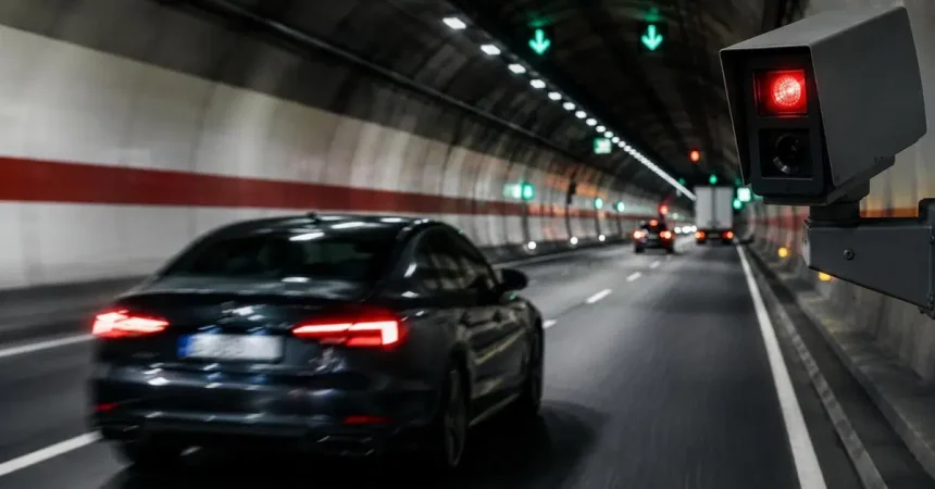 Galleria stradale del san gottardo con traffico e controlli di sicurezza