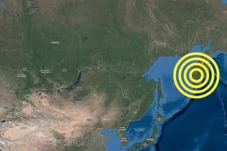 Mappa della penisola della kamchatka e della zona di faglia interessata dal terremoto del 2025