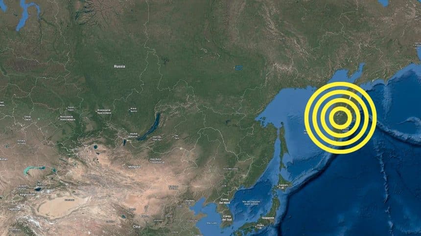 Mappa della penisola della kamchatka e della zona di faglia interessata dal terremoto del 2025