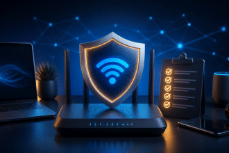 Router wi-fi protetto da uno scudo digitale durante i controlli di sicurezza