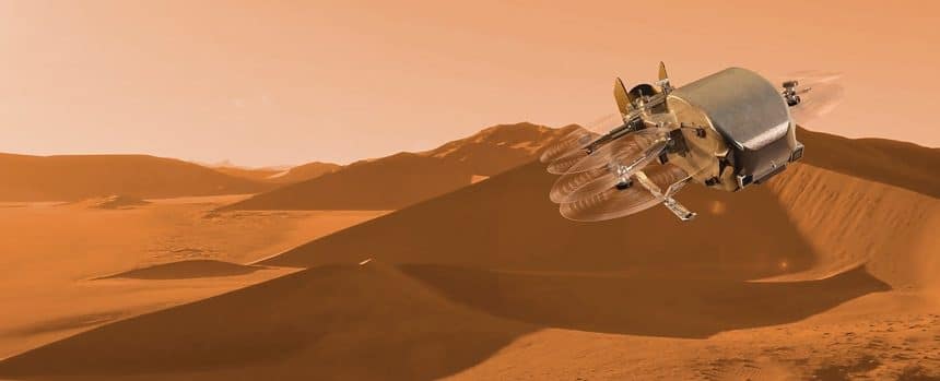 Illustrazione della missione NASA Dragonfly su Titano