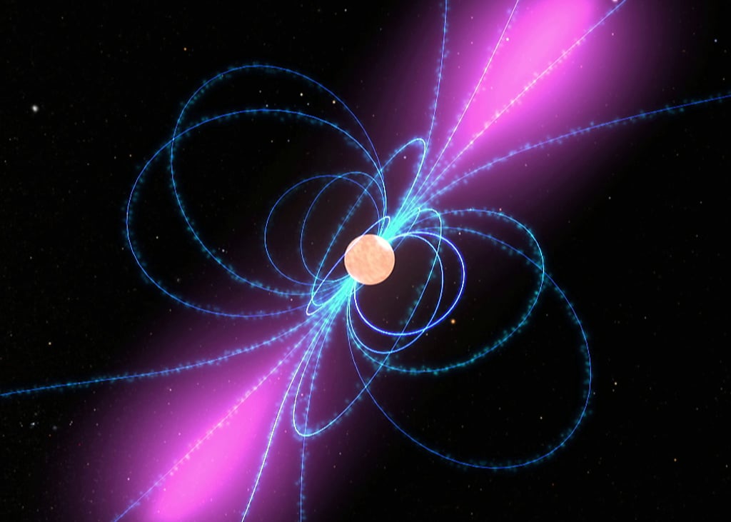 Illustrazione di una pulsar con campo magnetico e fasci di radiazione