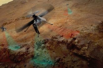 Concept nasa dei tre elicotteri skyfall su marte mentre mappano il sottosuolo con il radar