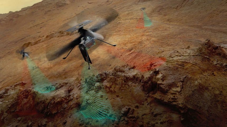 Concept nasa dei tre elicotteri skyfall su marte mentre mappano il sottosuolo con il radar