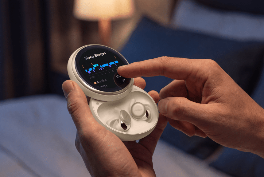 Soundcore sleep earbuds 4 pro nella custodia sleephub con display amoled