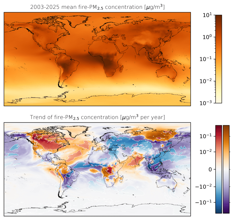 Mappa wmo delle concentrazioni e dei trend di pm2. 5 da incendi dal 2003 al 2025