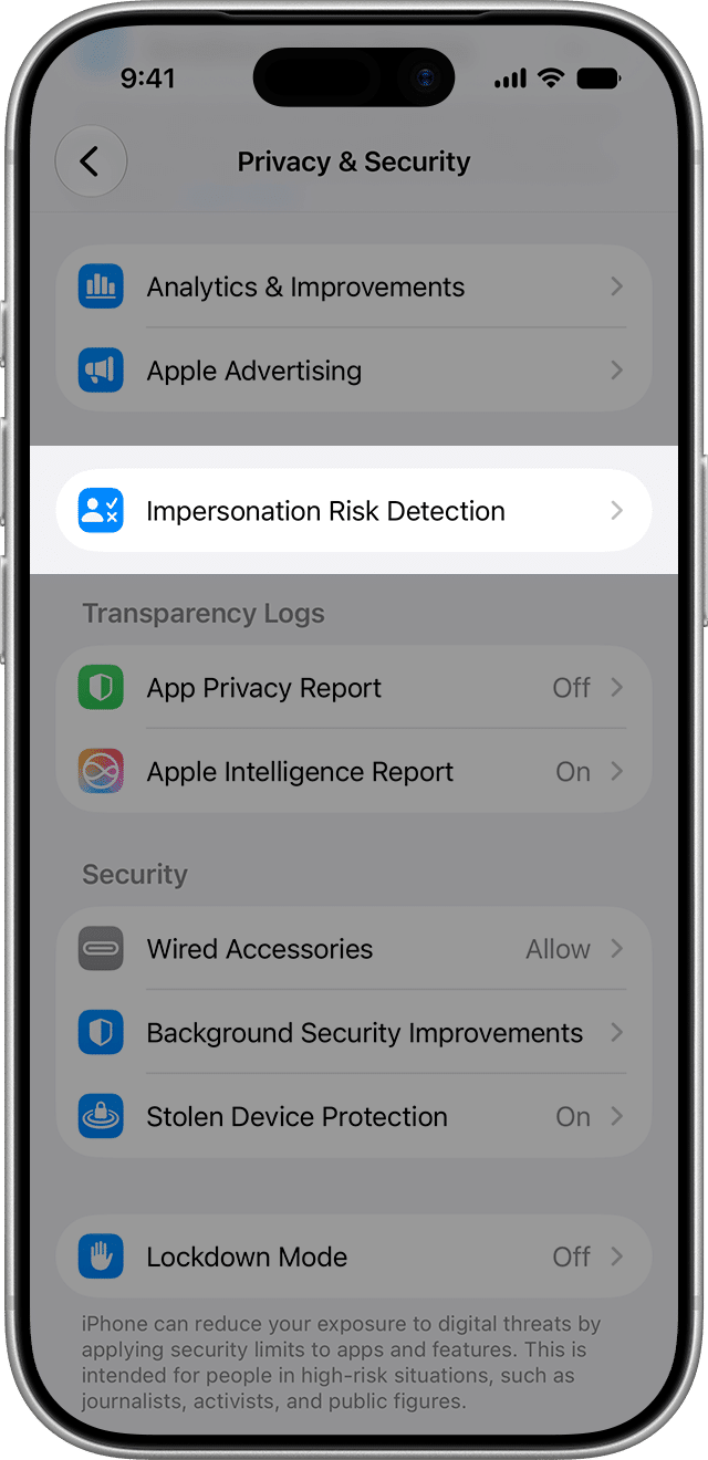 Impostazioni privacy e sicurezza di ios 27 con impersonation risk detection, schermata ufficiale apple in inglese