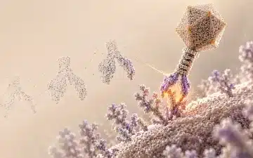 Illustrazione di radical numerics con un batteriofago e una superficie batterica