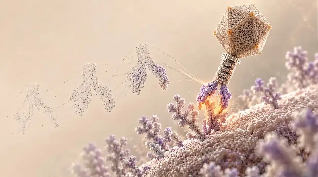 Omnii-1: fagi progettati con ai su un paziente, cosa sappiamo %omnii-1: fagi progettati con ai su un paziente, cosa sappiamocount(title)% Illustrazione di radical numerics con un batteriofago e una superficie batterica
