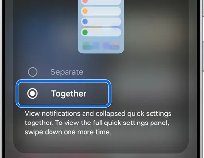 Schermate ufficiali samsung con l’opzione together per unire notifiche e impostazioni rapide