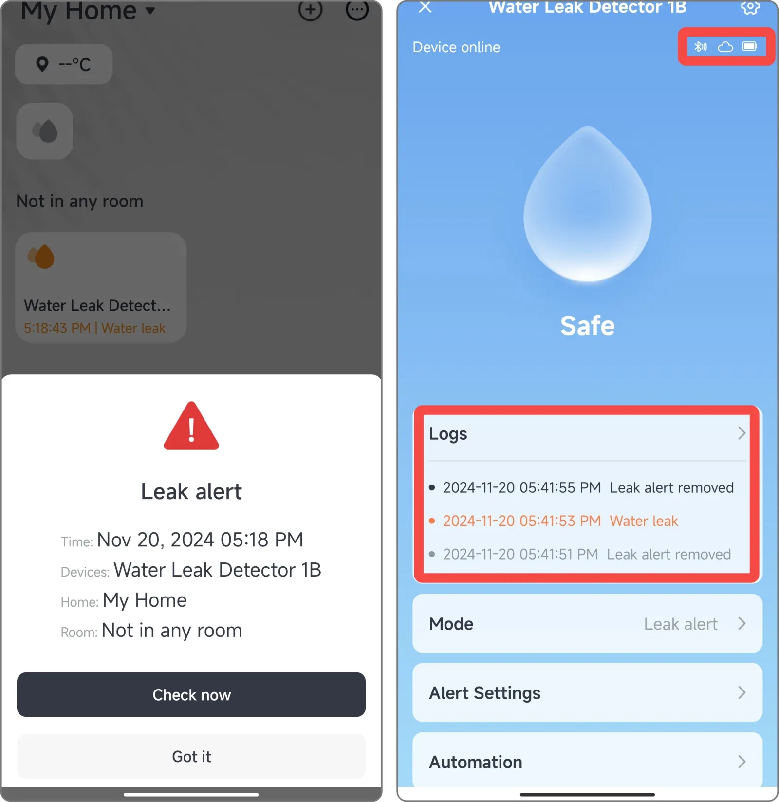 Verifica della connessione e degli avvisi switchbot, schermata ufficiale